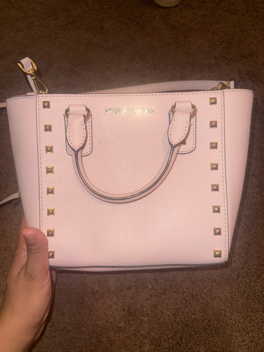 Michael Kors Blush Pink Saffiano Satchel with Gold Studs